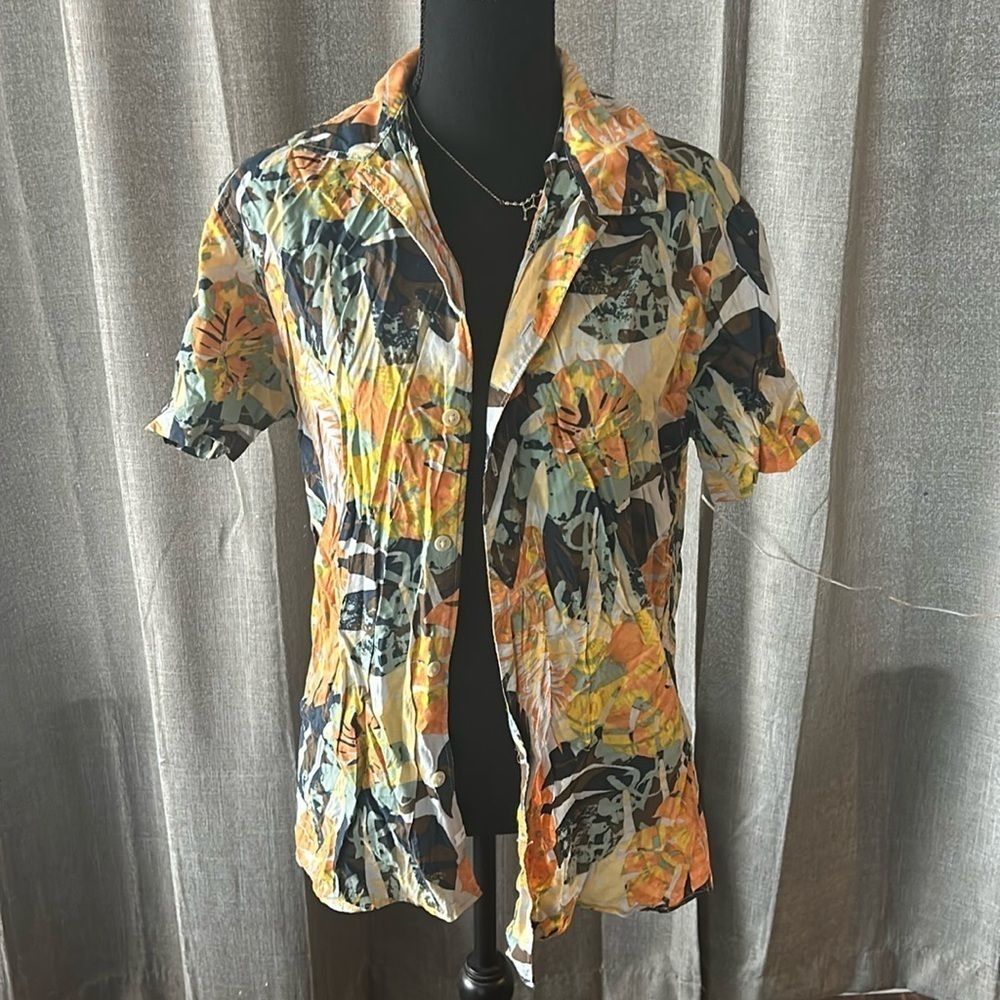 Orange and Green Selected Leaf Pattern Button Up